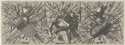 Frise avec un casque, un bouclier et des armes croisées - Johannes of Lucas van Doetechum