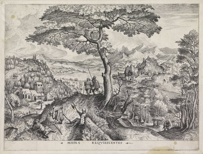Paysage avec soldats au repos (série Grands paysages) - Johannes of Lucas van Doetechum