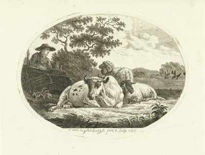 Vache, mouton et bélier dans un pré et fermier appuyé sur une clôture - Johannes van Cuylenburgh