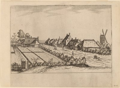 Champs et un chemin de village avec moulin à poteau - Johannes van Doetechum, the Elder and Lucas