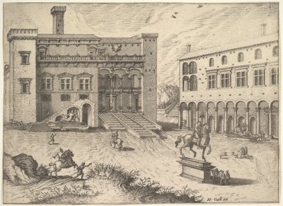 Vue du Campidoglio sur la colline du Capitole, avec statue équestre en bas à droite, 1562 - Johannes van Doetecum I