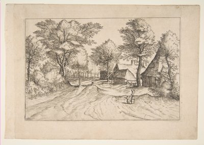 Route de village avec une ferme et des hangars, de la série Les Petits Paysages Multifariaru..., 1559-61 - Johannes van Doetecum I