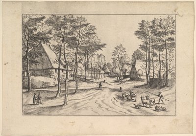 Rue du village, bétail, moutons et berger au premier plan de Praediorum villar..., vers 1559-61 - Johannes van Doetecum I