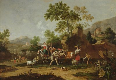 Paysage italien avec figures et animaux - Johannes van der Bent