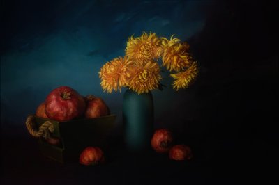 Grenades et chrysanthèmes dorés - John-Mei Zhong