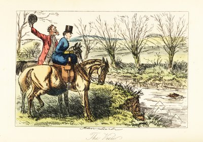 Chasseur anglais et dame regardant un renard nager à travers une rivière - John (after) Leech