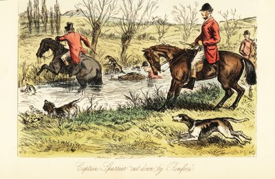 Chasseur anglais traversant une rivière avec des chiens de chasse - John (after) Leech