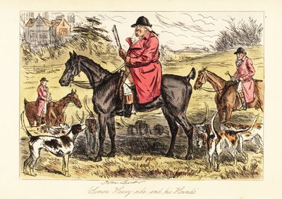Chasseur anglais en tenue de chasse assis sur un cheval avec une meute de chiens de chasse - John (after) Leech