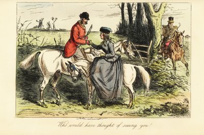Gentleman sur un vieux cheval et dame sur un poney se rencontrent lors d