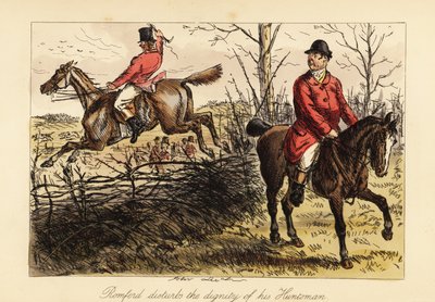 Chasseur sautant une clôture sur un vieux cheval et interférant avec la meute de chiens - John (after) Leech