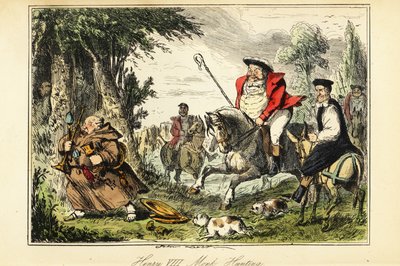Le roi Henri VIII en tenue de chasse victorienne avec une houlette à cheval poursuivant un moine catholique fuyant avec l