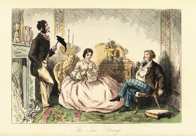 Dame en robe crinoline avec deux gentlemen dans un salon - John (after) Leech