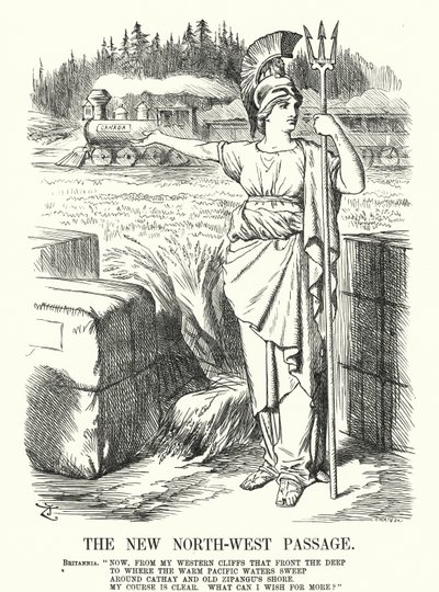 Caricature de Punch : Le nouveau passage du Nord-Ouest - le chemin de fer Canadien Pacifique - John (after) Tenniel