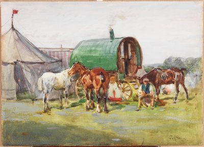 Trois chevaux et une caravane au toit vert - John Atkinson