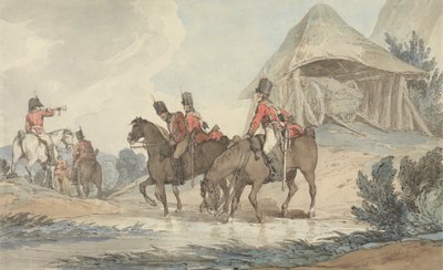Cavaliers traversant un ruisseau, rassemblés par un trompettiste - John Augustus Atkinson