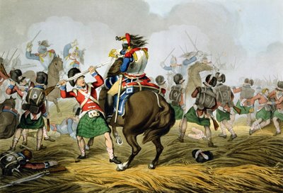 Cuirassiers français à la bataille de Waterloo, chargés et vaincus par les Highlanders et les Scots Greys, gravé par Matthew Dubourg (fl.1813-20) de 