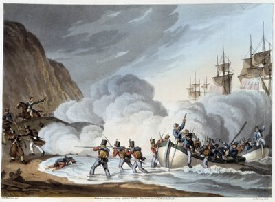 Débarquement des troupes, début du XIXe siècle dans "Anecdotes historiques, militaires et navales..." par Edward Orne - John Augustus Atkinson