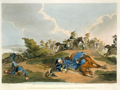 Le prince Blücher sous son cheval à la bataille de Waterloo, gravé par Matthew Dubourg de 