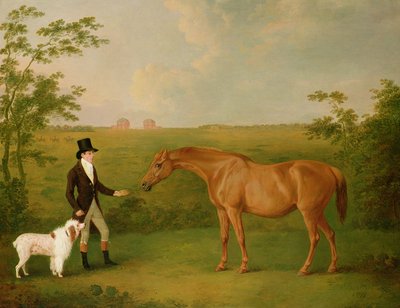 Un gentleman avec un chien blanc et une jument alezane dans un paysage - John Boultbee