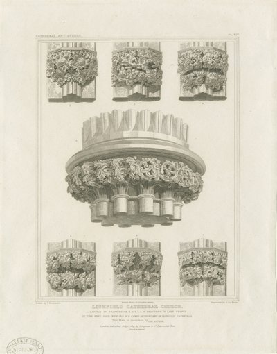 Intérieur de la cathédrale de Lichfield - Pilier cluster dans la salle capitulaire et supports dans la chapelle de la Vierge : gravure, nd [c. 1819] - John Britton