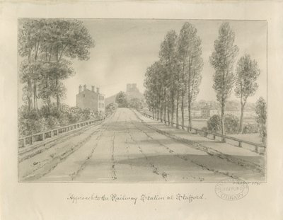 Stafford - Approche de la gare : dessin sépia - John Buckler
