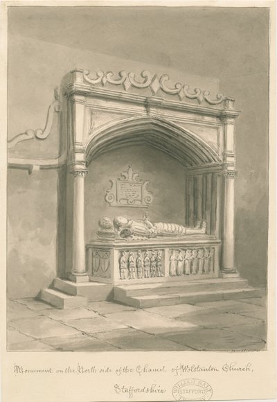 Église de Wolstanton - Monument : dessin au lavis sépia - John Buckler