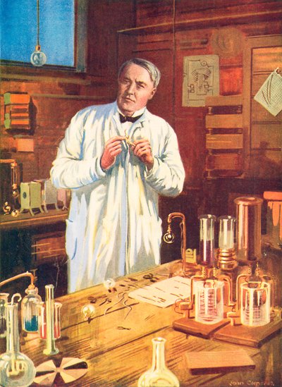 Edison dans son laboratoire (lithographie couleur) - John Cameron