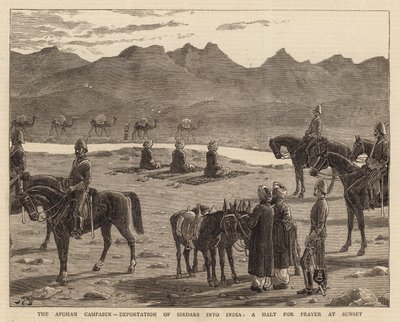 La campagne afghane, déportation des Sirdars en Inde, une halte pour la prière au coucher du soleil - John Charles Dollman