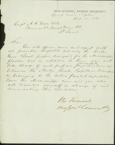 Lettre signée J.C. Fremont, Major Général Commandant, Quartier Général, Département de l