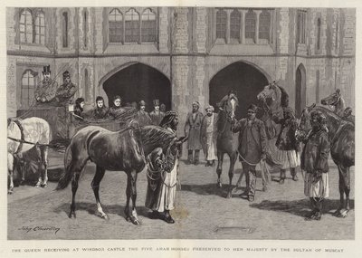 La Reine recevant au château de Windsor les cinq chevaux arabes offerts à Sa Majesté par le Sultan de Mascate - John Charlton