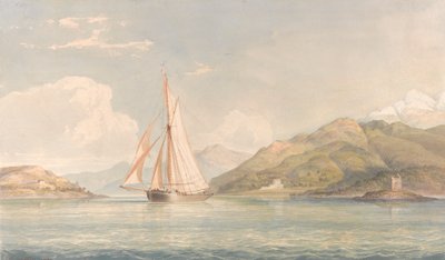 Bateau naviguant vers la gauche avec des montagnes en arrière-plan - John Christian Schetky