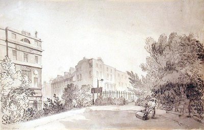 Vue de Fitzroy Square avec deux personnages tirant un rouleau de jardin, vers 1808 - John Claude Nattes