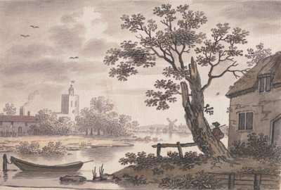 Scène de rivière avec église, cottage et moulin à vent - John Collet
