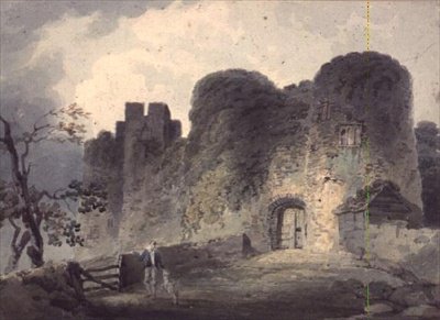 Entrée du château de Carisbrooke, avec un jeune homme et un agneau près d