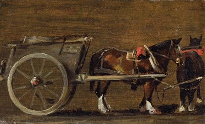 Un chariot de ferme avec deux chevaux attelés : une étude pour le chariot dans 