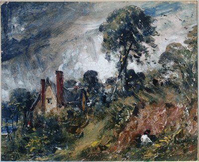 Un cottage parmi les arbres, avec une berge de sable - John Constable