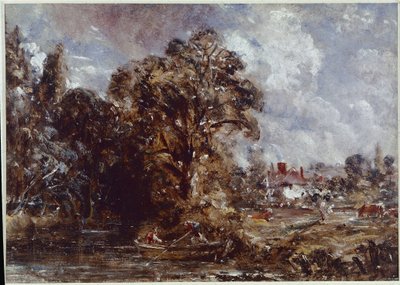Scène de rivière, avec une ferme près du bord de l