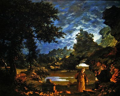 Moines avec une lanterne dans un paysage rocheux au clair de lune - John Cranch