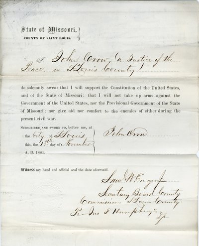 Serment de loyauté de John Crow du Missouri, comté de St. Louis - John Crow