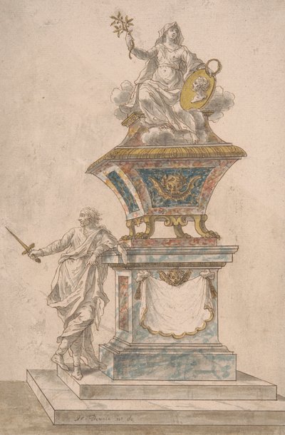 Monument : La paix assise sur une urne, un homme avec une épée dégainée debout sur la base du monument - John Devoto