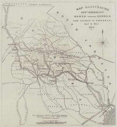 Carte illustrant la marche du général Sherman à travers la Géorgie d