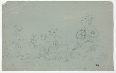 Bas-Relief Antique avec Garçon Assis Tenant un Faucon et Accompagné de Chien, Mouton et Chèvres - John Downman