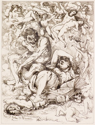 Figure allongée tenant une croix, le diable assis à proximité entouré de figures flottantes - John Duncan