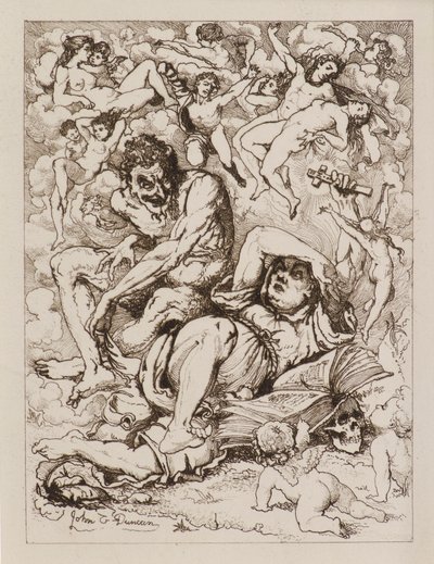Figure allongée tenant une croix, le diable assis à proximité entouré de figures flottantes - John Duncan
