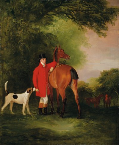 Portrait de Lord Lismore en manteau de chasse avec son cheval bai et un chien, dans un paysage, une partie de chasse au loin - John E. Ferneley