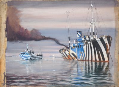S.S. Lepanto et un autre navire à vapeur, tous deux peints en camouflage, ancrés dans des eaux calmes - John Everett
