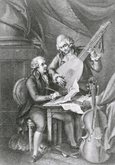 Portrait de Franz Joseph Haydn et Wolfgang Amadeus Mozart composant de la musique pour le luth, gravé par Michele Benedetti - John Francis Rigaud