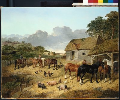 Chevaux buvant à une auge, avec des cochons et des poules dans une cour de ferme - John Frederick Herring Junior