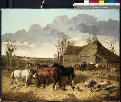 Chevaux mangeant dans une mangeoire, avec des cochons et des poules dans une cour de ferme - John Frederick Herring Junior