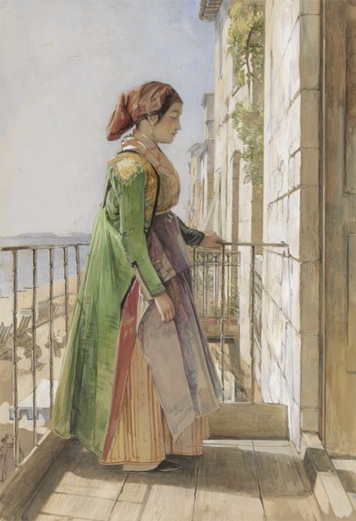 Une fille grecque debout sur un balcon - John Frederick Lewis